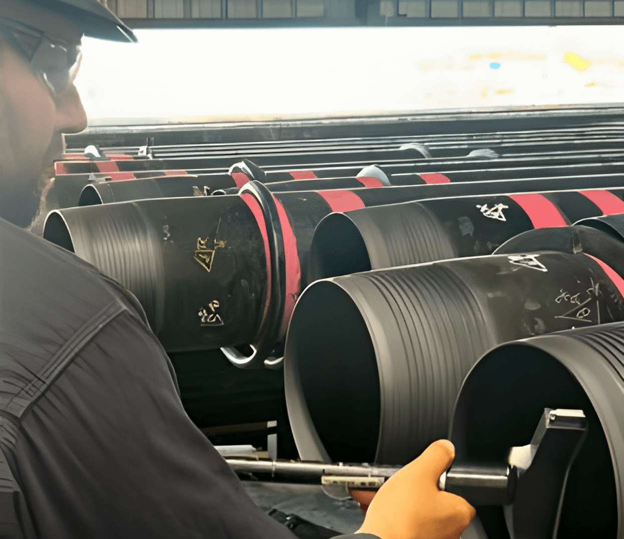 Casing ID caliper service technician inspecting oilfield casing for internal diameter accura
