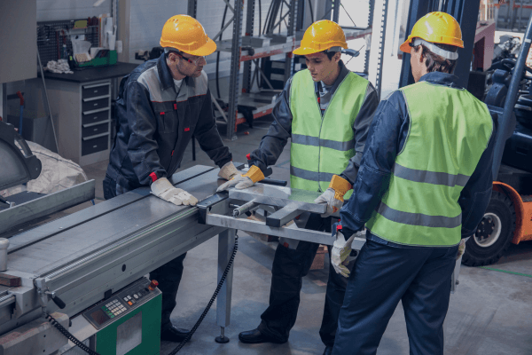 A group of three shop technicians wearing yellow hard hats and blue FSS clothing, wearing green safety vest in a warehouse using machinery with a forklift in the background (1)
