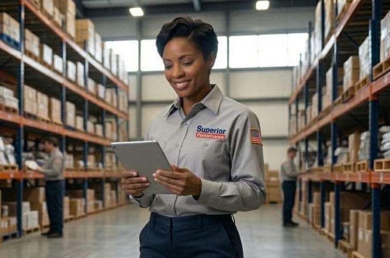 Procurement Manager reviewing inventory at a Superior Performance warehouse facility in Broussard, Louisiana